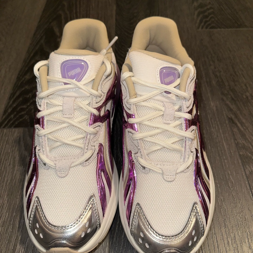 PUMA White Sneakers with Metallic Purple & Silver Accents inverse shimmer